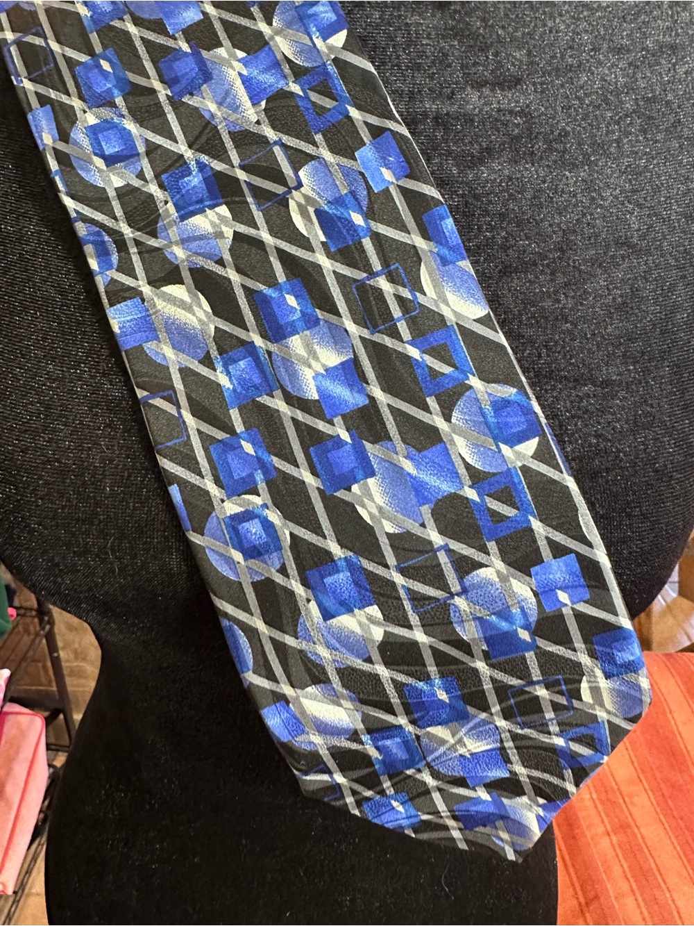100% Silk Pavone Made In Italy Blue Black Silver Geometric Wide Necktie - Picture 3 of 8